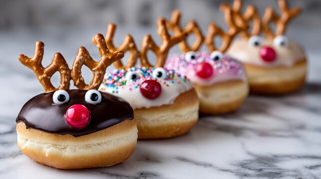 Row of decorated donuts with reindeer faces on them. The donuts are arranged in a line on a marble countertop - Powered by Adobe