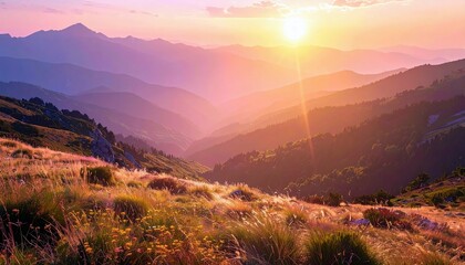 A breathtaking sunrise casts a warm golden glow over a valley filled with layered mountain ranges, with a meadow of wildflowers in the foreground.