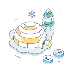 Snowy igloo surrounded by trees, christmas isometric illustration