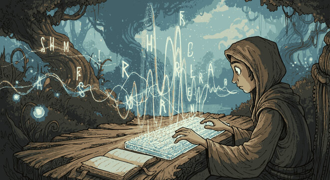 A hooded figure from a fantasy world using a glowing holographic keyboard.