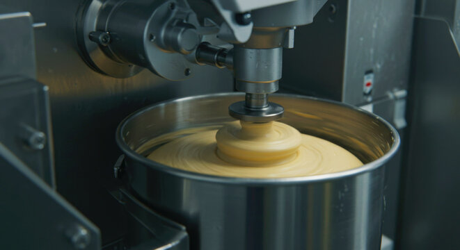 Automatic industrial mixer blending creamy dough in large steel bowl. Modern food factory equipment for bakery or confectionery production.