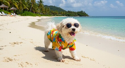 White dog with sunglasses and a hawaiian shirt standing on a tropical beach. Happy pet vacation at a summer holiday paradise.