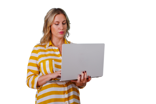 Woman working on laptop, managing business remotely, using modern digital technology for online project development