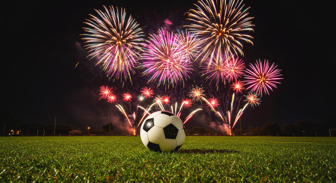 Soccer ball on green field with colorful fireworks in background at night. Celebration of victory, festival or sports event. - Powered by Adobe