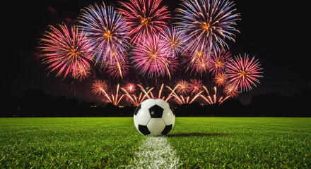 Soccer ball on green field with vibrant fireworks in the night sky, celebrating a sporting event or victory for a championship banner.