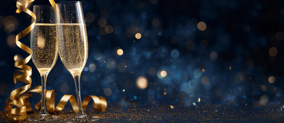 A pair of elegant champagne flutes filled with sparkling bubbles stand together against a deep blue, festive bokeh background. Golden ribbons curl gracefully around the glasses and across the surface,