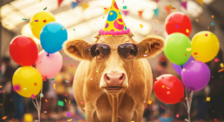 Cute cow wearing a party hat and sunglasses, surrounded by colorful balloons and confetti, celebrating a festive occasion or Birthday