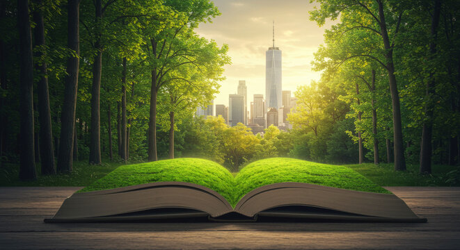 Open book with green grass pages. Concept of ecofriendly education, environmental learning, nature conservation and sustainable future for Earth Day. - Powered by Adobe