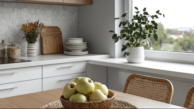 A modern kitchen with a bowl of green apples on a wooden table white cabinets and a hexagonal tile backsplash
