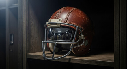 Vintage brown American football helmet sitting on a dark wooden shelf inside a locker, representing strength and gridiron tradition.