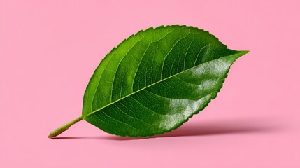 Obraz premium Leaf is shown on a pink background. The leaf is green and has a pointed tip. Concept of freshness and natural beauty