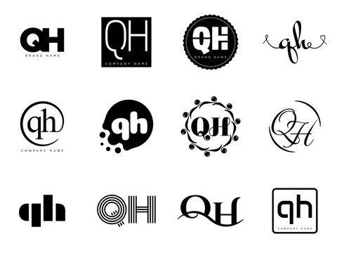 QH logo company template. Letter q and h logotype. Set different classic serif lettering and modern bold text with design elements. Initial font typography.