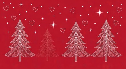 Whimsical White Christmas Trees Adorned with Hearts and Stars on a Festive Red Background