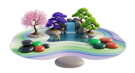 Tranquil Miniature Zen Garden with Cherry Blossoms and Waterfalls Scenery