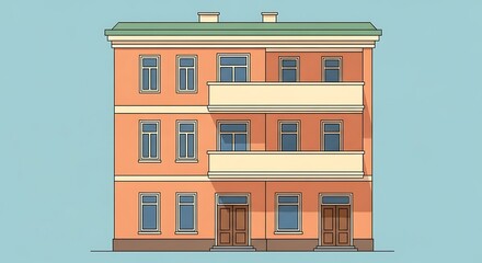 Illustration of apartment building with balconies and windows for architectural design use