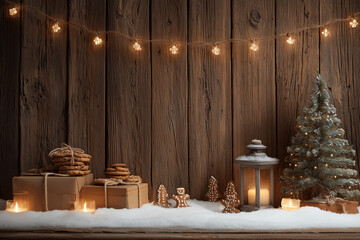 A warm and rustic Christmas setup arranged against a wooden wall decorated with soft glowing string lights. The snowy surface holds wrapped gift boxes topped with stacks of cookies, alongside charming