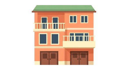Illustration of a two story house with balconies and garage doors for real estate listings