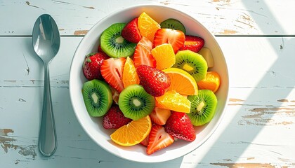 A vibrant fruit salad featuring sliced strawberries, oranges, and kiwi, served in a white bowl next to a spoon on a rustic wooden surface.