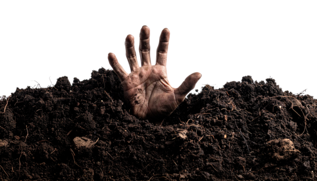 Zombie hand reaching out from earth, a creepy and scary unread monster rising from grave for Halloween concept isolated on solid white background