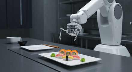 Robotic chef preparing sushi on a white plate in a modern kitchen. Future food automation and new restaurant technology concept.