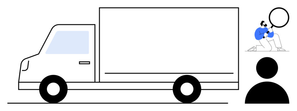 White delivery truck beside person analyzing with magnifying glass and user icon, highlighting logistics and tracking. Ideal for delivery, shipment, transportation, management, tracking systems