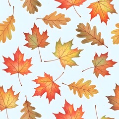 Obraz premium A vibrant collection of colorful autumn leaves scattered across a light background, showcasing the beauty of fall foliage with warm hues of red, orange, yellow, and brown