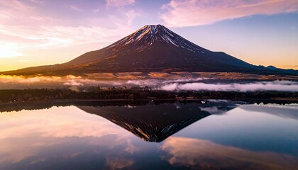 A majestic Mount Fuji is perfectly reflected in a still lake at dawn, surrounded by low-lying mist and a colorful sky.