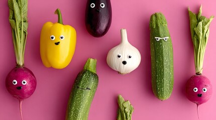 Bunch of vegetables with faces drawn on them. The vegetables include a cucumber, a radish, a zucchini, a bell pepper, and a garlic bulb. The faces are drawn in black and yellow