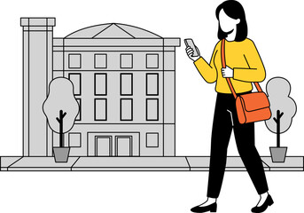 Person Using Phone Walking Past Building