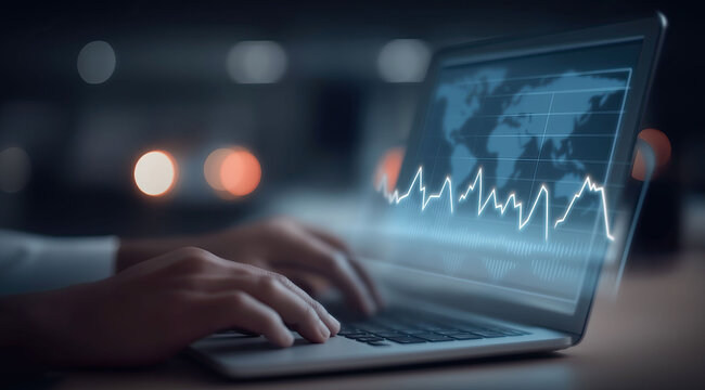 Business analytics dashboard displaying financial chart trends and market performance on laptop. - Powered by Adobe