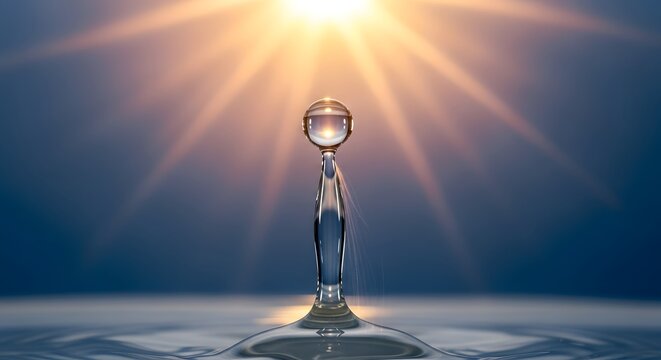 A close-up of a water droplet splashing with sunlight shining brightly in the background, creating a beautiful and serene natural scene - Powered by Adobe