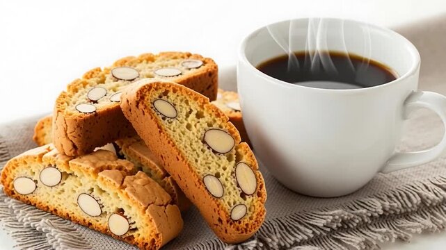 Delicious Biscotti Cookies with Steaming Coffee Cup Ready to Enjoy