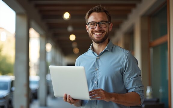 Half length of cheerful male freelancer with laptop device smiling at camera during work break, joyful Caucaisan programmer in eyewear holding digital netbook enjoying time for service developing