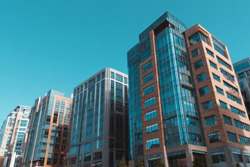 Obraz premium Modern corporate office towers rise against a clear blue sky
