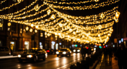Festive string lights illuminating a busy city street at night, creating a magical holiday atmosphere.