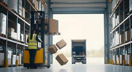 Woman operating a forklift dropping boxes in a large warehouse. Distribution and logistics concept for shipping and delivery service.