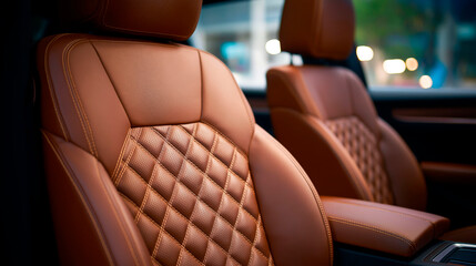 Obraz premium Close-up of luxurious brown leather car seats with detailed stitching and quilted design in a premium vehicle interior