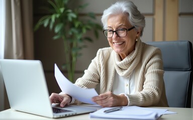 Laptop, documents and finance with a senior woman busy on a budget review or pension fund. High quality