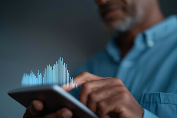 Person interacts with colorful audio waveform visualization on modern tablet device.