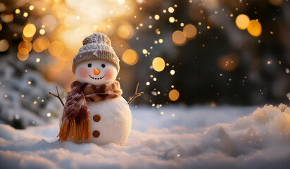 Snowman with carrot, scarf, and hat. Warm and romantic lighting. Copy space