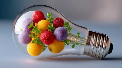 Light bulb is filled with a variety of fruits and vegetables. The light bulb is a creative way to display the fruits and vegetables, and it gives the impression that the fruits