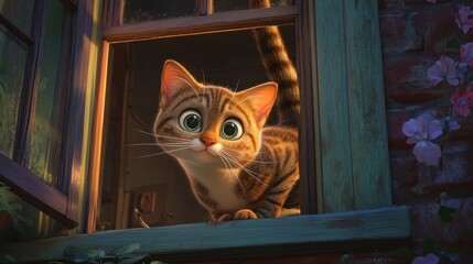 Animated cat looking out window