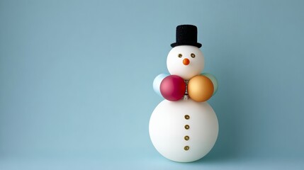 Fototapeta premium Snowman with a hat and a pair of gloves holding a bunch of colorful balls. The snowman is standing on a blue background