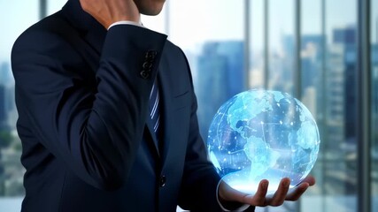 A person in a suit holds a glowing globe representing global connectivity and networks - Powered by Adobe