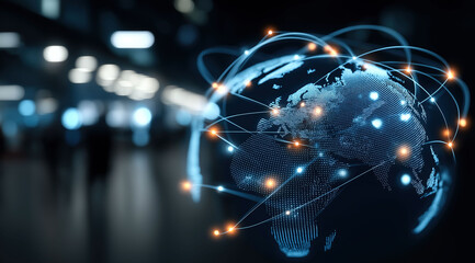 Illuminated planetary representation showcases interconnected digital infrastructure highlighting worldwide technological communication networks and systems.