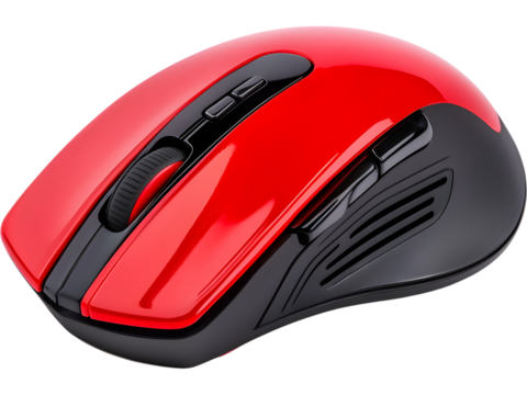 Red wireless computer mouse isolated on transparent background. Perfect for technology, office, and gadget design concepts.