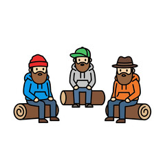 Three bearded men in casual clothing sitting on logs in a circle, conveying a sense of camaraderie and outdoor activity
