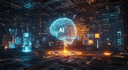 Glowing brain with ai text in data center. Concept of artificial intelligence and machine learning. Digital brain on smart technology background.