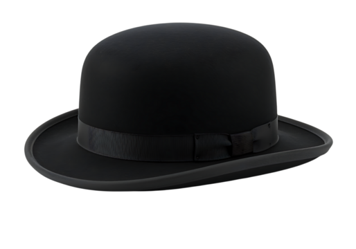 A classic black bowler hat isolated against a dark minimalistic background is shown.