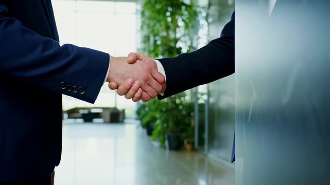 Two formally dressed individuals shake hands in an office setting. Green plants and large windows are in background